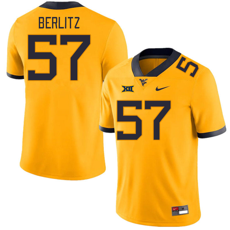 Men #57 Derek Berlitz West Virginia Mountaineers College Football Jerseys Stitched Sale-Gold - Click Image to Close